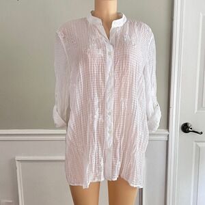 Button Down Tunic Women OS Floral Embroidered Sheer White Coastal Boho